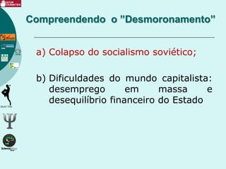 a) Colapso do socialismo soviético;
b) Dificuldades do mundo capitalista:
desemprego em massa e
desequilíbrio financeiro do Estado
Compreendendo o ”Desmoronamento”
 