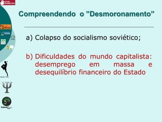 a) Colapso do socialismo soviético;
b) Dificuldades do mundo capitalista:
desemprego em massa e
desequilíbrio financeiro do Estado
Compreendendo o ”Desmoronamento”
 