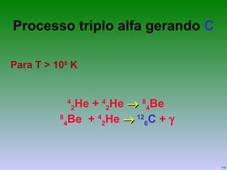 Processo triplo alfa gerando   C 4 2 He +  4 2 He     8 4 Be  8 4 Be  +  4 2 He     12 6 C  +   Para T > 10 8  K 