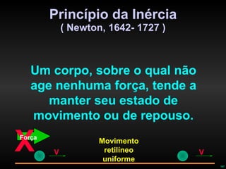 Princípio da Inércia ( Newton, 1642- 1727 ) Um corpo, sobre o qual não age nenhuma força, tende a manter seu estado de movimento ou de repouso. X Força Movimento retilíneo uniforme V V 