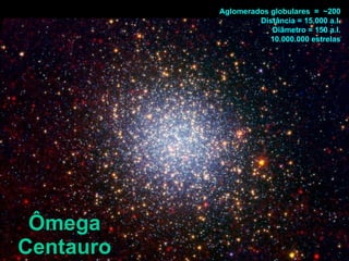 Ômega Centauro Aglomerados globulares  =  ~200 Distância = 15.000 a.l. Diâmetro = 150 a.l. 10.000.000 estrelas 