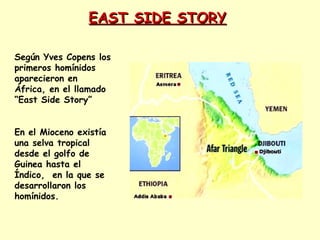 EAST SIDE STORYEAST SIDE STORY
Según Yves Copens los
primeros homínidos
aparecieron en
África, en el llamado
“East Side Story”
En el Mioceno existía
una selva tropical
desde el golfo de
Guinea hasta el
Índico, en la que se
desarrollaron los
homínidos.
 