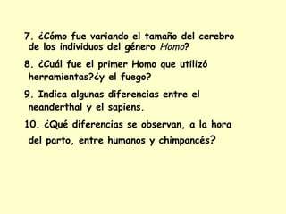 7. ¿Cómo fue variando el tamaño del cerebro
de los individuos del género Homo?
8. ¿Cuál fue el primer Homo que utilizó
herramientas?¿y el fuego?
9. Indica algunas diferencias entre el
neanderthal y el sapiens.
10. ¿Qué diferencias se observan, a la hora
del parto, entre humanos y chimpancés?
 