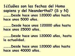 1¿Cuáles son las fechas del Homo
sapiens y del Neanderthal? (S y N)
………Desde hace unos 120000 años hasta
hace unos 5000 años.
……….Desde hace unos 120000 años hasta
hace unos 25000 años.
………Desde hace unos 120000 años, hasta
la actualidad.
………Desde hace unos 120000 años hasta
hace unos 40000 años.
 