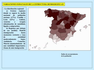 - La distribución regional:
a) Existen regiones
donde se supera la media
nacional de población
anciana (17%). Castilla y
León (22%) , Galicia,
Asturias y Aragón
(disminución de natalidad,
ligada a emigración).
b) Regiones por debajo
de esa medida: Madrid
(inmigración hasta
momentos recientes y tasa
de natalidad
moderadamente baja),
Andalucía, Canarias,
Murcia (mantenimiento de
una natalidad importante).
Zonas de más inmigración
VARIACIONES ESPACIALES DE LA ESTRUCTURA DEMOGRÁFICA II
Índice de envejecimiento
de la población
 