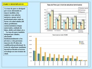 La tasa de paro es desigual
por sexos afectando en
mayor medida a las
mujeres: con salarios
menores, menor nivel
profesional sobre todo en
torno a la edad adulta (40
años), problemas
socioeconómicos (bajas
maternales, cuidado de
hijos, doble actividad, etc.).
La tasa de paro también
desigual por edades,
afectando
fundamentalmente a los
jóvenes y a las personas
mayores de 45 años sin
cualificación profesional. Se
trata de solucionar mediante
incentivos fiscales al acceso
al trabajo en esos tramos de
edad.
PARO Y DESEMPLEO II
 