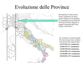 Evoluzione delle Province
Restringiamo l’esame ad una
striscia significativa di Italia,
quella compresa tra la Sardegna
e la soprastante area di Italia del
Nord (qui di fianco abbiamo la
mappa al momento dell’Unità
d’Italia: 18/03/1861)

Per verificare l’evoluzione delle
Province di quest’area, vediamo
la situazione alle seguenti date:
- 01/12/1921 (6° censimento)
- 21/04/1931 (7° censimento)
- 21/04/1936 (8° censimento)
- 25/10/1981 (12° censimento)
- 21/10/2001 (14° censimento)
- 09/10/2011 (15° censimento)

 