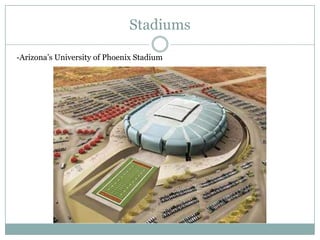 Stadiums

-Arizona’s University of Phoenix Stadium
 