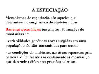 A ESPECIAÇÃO Mecanismos de especiação são aqueles que determinam o surgimento de espécies novas Barreiras geográficas:  terremotos , formações de montanhas etc.  variabilidades genéticas novas surgidas em uma população, não são  transmitidas para outra.  as condições do ambiente, nas áreas separadas pela barreira, dificilmente são exatamente as mesmas , o que determina diferentes pressões seletivas.  