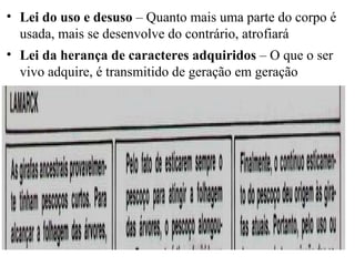 Lei do uso e desuso  – Quanto mais uma parte do corpo é usada, mais se desenvolve   do contrário, atrofiará Lei da herança de caracteres adquiridos  – O que o ser vivo adquire, é transmitido de geração em geração 