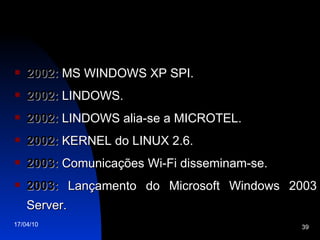 2002:  MS WINDOWS XP SPI. 2002:  LINDOWS. 2002:  LINDOWS alia-se a MICROTEL. 2002:  KERNEL do LINUX 2.6. 2003:  Comunicações Wi-Fi disseminam-se. 2003:  Lançamento do Microsoft Windows 2003 Server. 