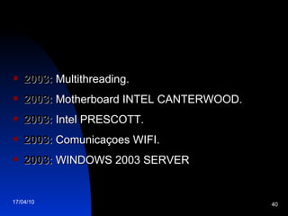 2003:  Multithreading. 2003:  Motherboard INTEL CANTERWOOD. 2003:  Intel PRESCOTT. 2003:  Comunicaçoes WIFI. 2003:  WINDOWS 2003 SERVER 