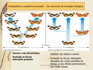 Gradualismo e equilíbrio pontuado - Os caminhos da evolução biológica




   Darwin e neo Darwinistas:             Stephen Jay Gould e outros:
   Evolução se dá por
   alterações graduais                         Evolução se dá por alterações
                                               abruptas em curtos períodos de
                                               tempo, e seu efeitos permanecem 31
                               Professora Ionara Urrutia Moura
                                               por muito tempo
 
