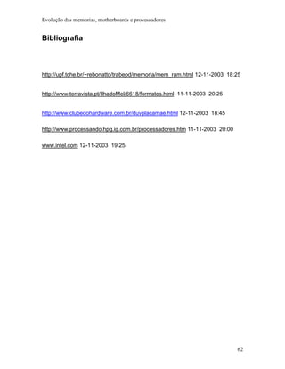 Evolução das memorias, motherboards e processadores


Bibliografia



http://upf.tche.br/~rebonatto/trabepd/memoria/mem_ram.html 12-11-2003 18:25


http://www.terravista.pt/IlhadoMel/6618/formatos.html 11-11-2003 20:25


http://www.clubedohardware.com.br/duvplacamae.html 12-11-2003 18:45

http://www.processando.hpg.ig.com.br/processadores.htm 11-11-2003 20:00

www.intel.com 12-11-2003 19:25




                                                                          62
 