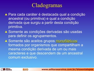 Cladogramas Para cada caráter é destacada qual a condição ancestral (ou primitiva) e qual a condição derivada que surgiu a partir desta condição primitiva. Somente as condições derivadas são usadas para definir os agrupamentos. Somente são aceitos grupos  monofiléticos :  formados por organismos que compartilham a mesma condição derivada de um ou mais caracteres e que descendem de um ancestral comum exclusivo.  