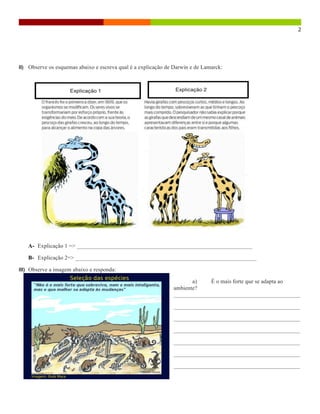                                	
                  	
  
                                                                                                          2	
  




II) Observe os esquemas abaixo e escreva qual é a explicação de Darwin e de Lamarck:




       A- Explicação 1 => _____________________________________________________________

       B- Explicação 2=> _______________________________________________________________

III) Observe a imagem abaixo e responda:

                                                                      a)    É o mais forte que se adapta ao
                                                               ambiente?
                                                               ____________________________________________

                                                               ____________________________________________

                                                               ____________________________________________

                                                               ____________________________________________

                                                               ____________________________________________

                                                               ____________________________________________

                                                               ____________________________________________
 