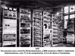 1943
Em parceria com a marinha Norte-Americana, a IBM construiu o Mark I, totalmente
eletromecânico, com 17 m de comprimento, 2,5 m de altura e 5 toneladas.
 