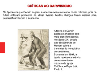 Na época em que Darwin sugeriu sua teoria evolucionista foi muito criticado, pois na
Bíblia estavam presentes as ideias fixistas. Muitas charges foram criadas para
desqualificar Darwin e sua teoria.
Imagem:Autordesconhecido/publicdomain
CRÍTICAS AO DARWINISMOCRÍTICAS AO DARWINISMO
A teoria de Darwin
passa a ser aceita pelo
meio científico apenas
no século XX, depois
das descobertas de
Mendel sobre a
transmissão hereditária
de caracteres.
Somente em 1997, a
teoria recebeu anuência
do representante
máximo da Igreja
Católica, o Papa João
Paulo II.
 