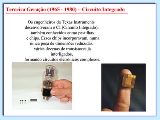 Terceira Geração (1965 - 1980) – Circuito Integrado
Os engenheiros da Texas InstrumentsOs engenheiros da Texas Instruments
desenvolveram o CI (Circuito Integrado),desenvolveram o CI (Circuito Integrado),
também conhecidos como pastilhastambém conhecidos como pastilhas
e chips. Esses chips incorporavam, numae chips. Esses chips incorporavam, numa
única peça de dimensões reduzidas,única peça de dimensões reduzidas,
várias dezenas de transistores jávárias dezenas de transistores já
interligados,interligados,
formando circuitos eletrônicos complexos.formando circuitos eletrônicos complexos.
 