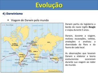 4) Darwinismo
 Viagem de Darwin pelo mundo
Evolução
Darwin partiu da Inglaterra a
bordo do navio inglês Beagle
e viajou durante 5 anos.
Darwin, durante a viagem,
realizou escavações, coletas,
anotações e analisou a
diversidade da flora e da
fauna de cada local.
As observações que levaram
Darwin a elaborar a teoria
evolucionista ocorreram
durante sua viagem ao redor
do mundo.
 