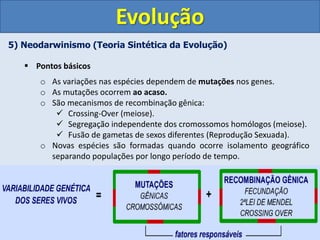 5) Neodarwinismo (Teoria Sintética da Evolução)
 Pontos básicos
o As variações nas espécies dependem de mutações nos genes.
o As mutações ocorrem ao acaso.
o São mecanismos de recombinação gênica:
 Crossing-Over (meiose).
 Segregação independente dos cromossomos homólogos (meiose).
 Fusão de gametas de sexos diferentes (Reprodução Sexuada).
o Novas espécies são formadas quando ocorre isolamento geográfico
separando populações por longo período de tempo.
Evolução
 