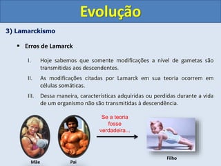 3) Lamarckismo
 Erros de Lamarck
I. Hoje sabemos que somente modificações a nível de gametas são
transmitidas aos descendentes.
II. As modificações citadas por Lamarck em sua teoria ocorrem em
células somáticas.
III. Dessa maneira, características adquiridas ou perdidas durante a vida
de um organismo não são transmitidas à descendência.
Evolução
Mãe Pai
Filho
Se a teoria
fosse
verdadeira...
 