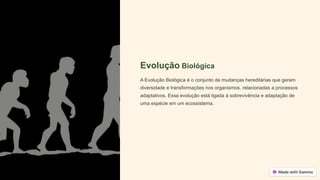 Evolução Biológica
A Evolução Biológica é o conjunto de mudanças hereditárias que geram
diversidade e transformações nos organismos, relacionadas a processos
adaptativos. Essa evolução está ligada à sobrevivência e adaptação de
uma espécie em um ecossistema.
 