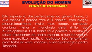 EVOLUÇÃO DO HOMEM
EXEMPLO DE APRESENTAÇÃO
Esta espécie é, das pertencentes ao género Homo, a
que menos se parece com o H. sapiens, com braços
proporcionalmente muito mais longos, cavidade
craniana menor e morfologia geral similar aos
Australopithecus. O H. habilis foi o primeiro a construir e
utilizar ferramentas de pedra lascada, o que lhe valeu o
nome específico: habilis, o habilidoso. Suas ferramentas
eram feitas de ossos, madeira, e principalmente a pedra
(lascada).
 