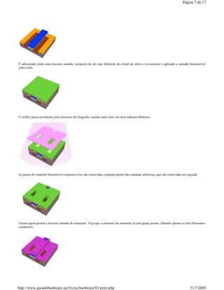É adicionada então uma terceira camada, composta de um tipo diferente de cristal de silício e novamente é aplicada a camada fotosensível
sobre tudo.
O waffer passa novamente pelo processo de litografia, usando mais uma vez uma máscara diferente.
As partes do material fotosensível expostas à luz são removidas, expondo partes das camadas inferiores, que são removidas em seguida.
Temos agora pronta a terceira camada do transístor. Veja que a estrutura do transístor já está quase pronta, faltando apenas os três filamentos
condutores.
Página 7 de 17
31/7/2005http://www.guiadohardware.net/livros/hardware/01/print.php
 