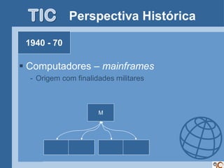 Perspectiva Histórica

 1940 - 70

 Computadores – mainframes
  - Origem com finalidades militares



                      M
 
