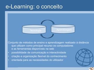 e-Learning: o conceito



                 Tecnologia            Aprendizagem




Conjunto de métodos de ensino e aprendizagem realizado à distância
  que utilizam como principal recurso os computadores
  e as ferramentas disponíveis na web
• possibilidade de comunicação e interactividade
• criação e organização flexível do conhecimento
• orientada para as necessidades do utilizador
 