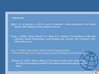 Referências:

Allen, I. E., & Seaman, J. (2010). Learn on demand - Online education in the United
    States, 2009. Babson Survey Research Group.



Cross, J. (2006). Whta‘s Blend? In C. Bonk, & C. Graham, The Handbook of Blended
   Learning: Global Perspectives, Local Designs (pp. xvii-xxii). San Francisco: John
   Wiley & Sons, Inc.


Lévy, P. (2000). Cibercultura. lisboa: Instituto Piaget Edicões.
(versão parcial disponível em http://pt.scribd.com/doc/11036046/Cibercultura-Pierre-Levy)



Morrison, C. (2007). What is Web 3.0? It’s Web 2.0 with a brain. Disponível
    em http://venturebeat.com/2007/10/21/what-is-web-30-its-web-20-with-a-
    brain/
 