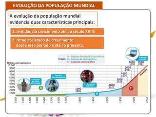 EVOLUÇÃO DA POPULAÇÃO MUNDIAL
1. lentidão do crescimento até ao século XVIII;
A evolução da população mundial
evidencia duas características principais:
2. ritmo acelerado de crescimento
desde esse período e até ao presente.
 