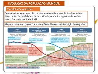 EVOLUÇÃO DA POPULAÇÃO MUNDIAL
Transição Demográfica
Tenta explicar a passagem de um regime de equilíbrio populacional com altas
taxas brutas de natalidade e de mortalidade para outro regime onde as duas
taxas têm valores muito reduzidos.
Os países do mundo encontram-se em fases diferentes de transição demográfica.
 