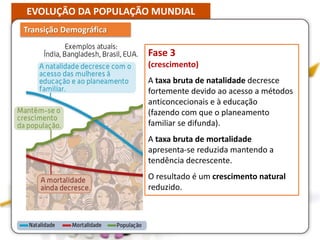 EVOLUÇÃO DA POPULAÇÃO MUNDIAL
Transição Demográfica
Fase 3
(crescimento)
A taxa bruta de natalidade decresce
fortemente devido ao acesso a métodos
anticoncecionais e à educação
(fazendo com que o planeamento
familiar se difunda).
A taxa bruta de mortalidade
apresenta-se reduzida mantendo a
tendência decrescente.
O resultado é um crescimento natural
reduzido.
 