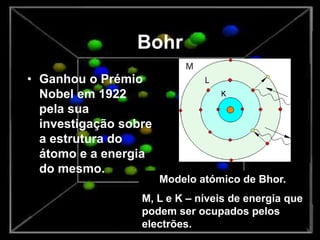 Bohr
• Ganhou o Prémio
Nobel em 1922
pela sua
investigação sobre
a estrutura do
átomo e a energia
do mesmo.
Modelo atómico de Bhor.
M, L e K – níveis de energia que
podem ser ocupados pelos
electrões.
 