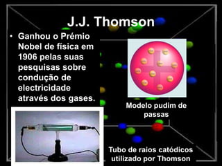 J.J. Thomson
• Ganhou o Prémio
Nobel de física em
1906 pelas suas
pesquisas sobre
condução de
electricidade
através dos gases.
Tubo de raios catódicos
utilizado por Thomson
Modelo pudim de
passas
 