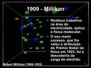 1909 - Millikan
• Realizou trabalhos
na área da
electricidade, óptica
e física molecular.
• O seu maior
sucesso, que lhe
valeu a atribuição
do Prémio Nobel da
física em 1923, foi a
descoberta da
carga do electrão.
Robert Millikan (1868-1953)
 