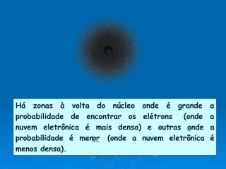 Há zonas à volta do núcleo
probabilidade de encontrar os
onde é grande a
elétrons (onde a
nuvem eletrônica é mais densa) e outras onde a
probabilidade é menor (onde a nuvem eletrônica é
menos densa).
 