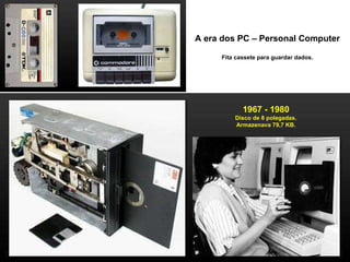 A era dos PC – Personal Computer Fita cassete para guardar dados. 1967 - 1980 Disco de 8 polegadas. Armazenava 79,7 KB. 