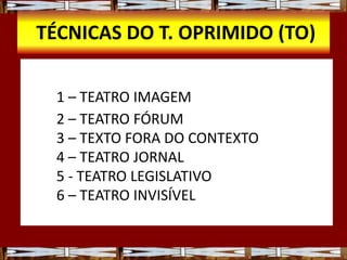 TÉCNICAS DO T. OPRIMIDO (TO)
1 – TEATRO IMAGEM
2 – TEATRO FÓRUM
3 – TEXTO FORA DO CONTEXTO
4 – TEATRO JORNAL
5 - TEATRO LEGISLATIVO
6 – TEATRO INVISÍVEL
 