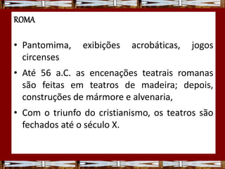 ROMA
• Pantomima, exibições acrobáticas, jogos
circenses
• Até 56 a.C. as encenações teatrais romanas
são feitas em teatros de madeira; depois,
construções de mármore e alvenaria,
• Com o triunfo do cristianismo, os teatros são
fechados até o século X.
 