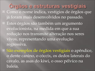 Como o nome indica, vestígios de órgãos que já foram mais desenvolvidos no passado.  Estes órgãos são também um argumento evolucionista, na medida em que a sua redução nos transmite alteração nos seres vivos, representando uma evolução regressiva.  São exemplos de órgãos vestigiais  o apêndice, o dente canino, o cóccix, os dedos laterais do cavalo, as asas do kiwi, o osso pélvico na baleia. 