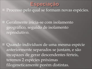 Processo pelo qual se formam novas espécies. Geralmente inicia-se com isolamento geográfico, seguido de isolamento reprodutivo. Quando indivíduos de uma mesma espécie anteriormente separados se juntam, e são incapazes de gerar descendentes férteis, teremos 2 espécies próximas filogeneticamente porém distintas. 