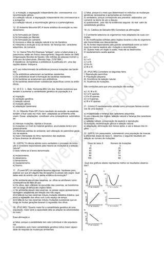c) a mutação, a segregação independente dos cromossomos e a
recombinação gênica.
d) a seleção natural, a segregação independente dos cromossomos e
a autogamia.
e) a seleção natural, a recombinação gênica e a partenogênese.
12. (E Anhembi Morumbi-SP) A teoria sintética da evolução ou neo-
darwinismo:
a) foi formulada por Darwin.
b) foi formulada por Mendel.
c) foi formulada por Lamarck.
d) incorpora a idéia de seleção natural à luz da Genética.
e) interpreta a evolução à luz da teoria de herança dos caracteres
adquiridos, de Lamarck.
13. (U. Gama Filho-RJ) Doenças "antigas", como a tuberculose e a
pneumonia, estão em franco ressurgimento. Segundo dados da OMS
(Organização Mundial de Saúde), três milhões de pessoas morrem a
cada ano de tuberculose. (Revista Veja, 21/9/1994.)
A resistência de bactérias a antibióticos é justificada em uma das
opções abaixo. Indique-a.
a) O uso indiscriminado de antibióticos provoca mutações nas bacté-
rias.
b) Os antibióticos selecionam as bactérias resistentes.
c) Os antibióticos levam à formação de bactérias resistentes.
d) As bactérias se acostumam aos antibióticos.
e) As bactérias desenvolvem substâncias específicas contra os antibi-
óticos.
14. (E E C. L. Belo Horizonte-MG) Um dos fatores evolutivos que
tendem a aumentar a variabilidade genética da população é a:
a) migração.
b) oscilação genética.
c) seleção natural.
d) mutação gênica.
e) adaptação darwiniana
15. (U. Ribeirão Preto-SP) Como resultado da evolução, as espécies
tendem a ficar cada vez mais bem adaptadas ao ambiente onde
vivem. Essas adaptações constituem uma conseqüência automática
de:
a) intensas mutações, rápidas e bruscas.
b) mutações no nível do material genético, acumuladas lenta e pro-
gressivamente.
c) influências estritas do ambiente, sem alteração do patrimônio gené-
tico da espécie.
d) maior intensidade do ritmo reprodutivo das espécies.
e) tipos diversos de alimentos.
16. (UEPA) "A ciência admite como verdadeiro o processo de evolu-
ção e considera responsáveis pela mesma as mutações e a seleção
natural".
O texto refere-se à teoria denominada:
a) mutacionismo.
b) darwinismo.
c) lamarckismo.
d) neodarwinismo.
e) fixismo.
17. (Fuvest-SP) Um estudante levantou algumas hipóteses para
explicar por que em alguns rios de caverna os peixes são cegos. Qual
delas está de acordo com a teoria sintética da evolução?
a) No ambiente escuro das cavernas, os olhos se atrofiaram como
conseqüência da falta de uso.
b) Os olhos, sem utilidade na escuridão das cavernas, se transforma-
ram ao longo do tempo em órgãos táteis.
c) No ambiente escuro das cavernas, os peixes cegos apresentaram
vantagens adaptativas em relação aos não cegos.
d) A falta de luz nas cavernas induziu mutação deletéria drástica, que
levou à regressão dos olhos num curto espaço de tempo.
e) A falta de luz nas cavernas induziu mutações sucessivas que ao
longo de muitas gerações levaram à regressão dos olhos.
18. (PUC-MG) "Quanto maior for a variabilidade genética de uma
população, maior será a capacidade dela se adaptar às adversidades
do meio."
Essa afirmação e:
a) falsa, porque a variabilidade tem valor individual e não populacio-
nal.
b) verdadeira, pois maior variabilidade genética indica maior capaci-
dade de resposta às mudanças ambientais
c) falsa, porque é o meio que determinará no indivíduo as mudanças
genéticas necessárias e apropriadas ao momento.
d) verdadeira, porque corresponde aos preceitos elaborados por
Lamarck na teoria de uso e desuso.
e) questionável, pois não há evidências seguras do real valor da
variabilidade genética.
19. (U. Católica de Salvador-BA) Considere as afirmações:
I. O ambiente seleciona os organismos mais adaptados às suas con-
dições.
II. As modificações sofridas pelos órgãos durante a vida do organismo
são transmitidas aos descendentes.
III. As fontes responsáveis pela grande variabilidade entre os indiví-
duos da mesma espécie são: mutação e recombinação.
IV. Quanto mais um órgão é usado, mais ele se desenvolve.
O neodarwinismo aceita apenas:
a) I.
b) l e II
c) I e III.
d) II e IV.
e) III e IV.
20. (PUC-MG) Considere os seguintes itens:
I. Reprodução panmítica.
II. População pequena.
III. Ocorrência de seleção natural.
IV. Ausência de mutações.
São condições para que uma população não evolua:
a) I, II, III e IV.
b) I e IV apenas.
c) II e III apenas.
d) I e II apenas.
e) III e IV apenas.
21. (Unirio) O neodarwinismo admite como principais fatores evoluti-
vos de uma espécie:
a) imutabilidade e herança dos caracteres adquiridos.
b) uso e desuso dos órgãos, seleção natural e herança dos caracteres
adquiridos.
c) seleção natural, conservação da espécie e reprodução.
d) mutação, recombinação gênica e seleção natural.
e) adaptação, eliminação dos menos aptos, e uso e desuso dos ór-
gãos.
22. (UFES) Um pesquisador, submetendo uma população de moscas
a diferentes doses de raios X, observou o seguinte resultado em
relação ao número de mutações:
Dose de raios X Número de mutações
0 3
20 25
40 38
60 51
80 74
100 82
Qual dos gráficos abaixo representa melhor os resultados observa-
dos?
 