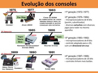 • 1ª geração (1972–1977)
• 2ª geração (1976–1984)
-­‐	
  microprocessadores	
  de	
  8-­‐bits	
  
(porém,	
  subuKlizados)	
  
-­‐	
  diversos	
  cartuchos	
  com	
  diversos	
  
jogos	
  para	
  rodar	
  no	
  mesmo	
  
aparelho
• 3ª geração (1983–1992)
- microprocessadores	
  de	
  8-­‐bits
-­‐	
  controle	
  adaptado	
  para	
  o	
  2D,	
  
com	
  um	
  direcional	
  em	
  cruz
• 4ª geração (1987–1996)
-­‐	
  microprocessadores	
  de	
  16-­‐bits	
  
- controles	
  Knham	
  mais	
  botões
Pac-Man
Super
Mario
Bros
Evolução	
  dos	
  consoles	
  
Sonic
 
