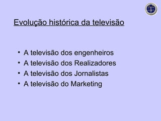 Evolução histórica da televisão


 •   A televisão dos engenheiros
 •   A televisão dos Realizadores
 •   A televisão dos Jornalistas
 •   A televisão do Marketing
 