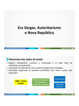 Era Vargas, Autoritarismo
e Nova República
Elementos das Ações de Saúde
• Registro demográfico: conhecer a composição e os fatos vitais de
importância da população.
• Introdução do laboratório como auxiliar do diagnóstico etiológico.
• Fabricação organizada de produtos profiláticos para serem usados pela
população.
1920 – Carlos
Chagas
Reestruturação do
Departamento
Nacional de Saúde
Propaganda
Educação
sanitária
 