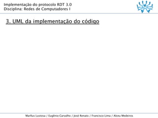 Implementação do protocolo RDT 3.0
Disciplina: Redes de Computadores I

3. UML da implementação do código

Marllus Lustosa / Eugênio Carvalho / José Renato / Francisco Lima / Alceu Medeiros

 