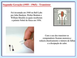 Segunda Geração (1955 - 1965) - Transistor Foi inventada em 1948 no Bell Labs por John Bardeen, Walter Brattain e  William Shockle os quais receberam o prêmio Nobel de física em 1956. Com o uso dos transistor os  computadores ficaram menores,e  reduziu drasticamente o número de falhas e a dissipação de calor. 